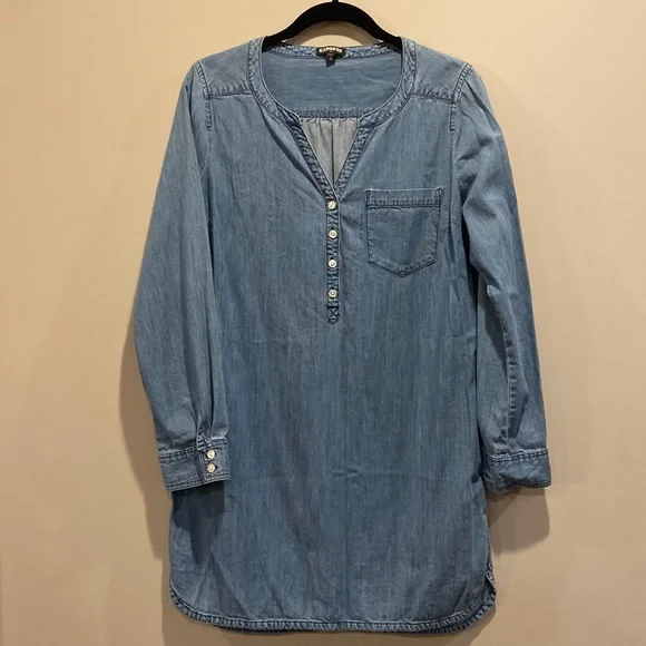 express denim shirt dress Denim Long Sleeve Button Front Midi Shirt Dress With Pockets